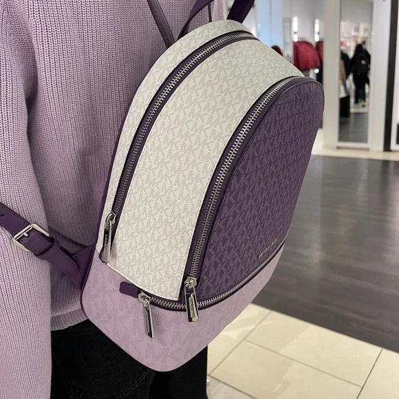 MICHAEL KORS Rhea Medium Zip Color-Block Signature Logo Backpack
Dark Purple NWT - Picture 2 of 16
